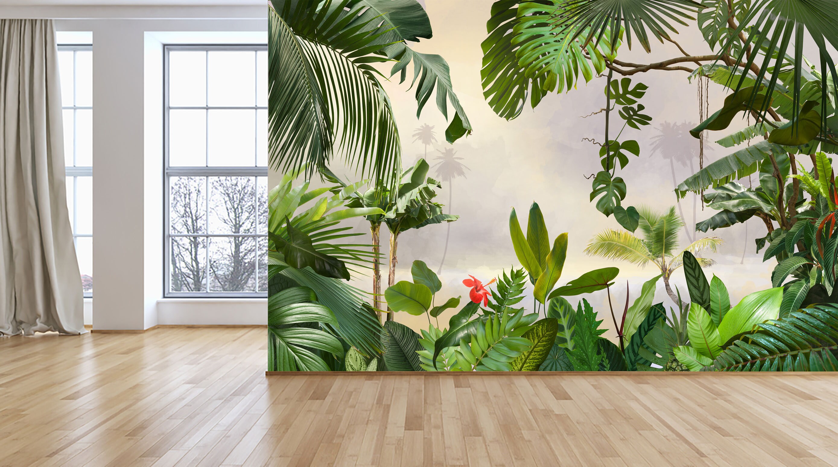 Rainforest Jungle Tropical Wallpaper. Peel and Stick Wall Mural. Green  Flowers and Palm Tree Leaves Design. Bathroom, Bedroom Decor. #6357 (Small