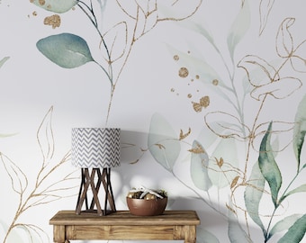 Green Eucalyptus Peel and Stick Wallpaper - Leaves and Branches Removable Wall Decal - Botanical Self Adhesive wallpaper Gradient Gold Color