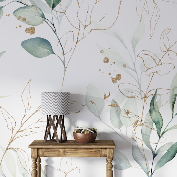 Groene Eucalyptus Peel en Stick Wallpaper - Bladeren en takken verwijderbare muursticker - Botanisch zelfklevend behang Gradiënt gouden kleur