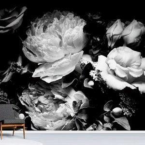 Peony flower wallpaper, self adhesive wall decor, black and white floral, floral art dark mural, home decor,UK next day delivery, premium