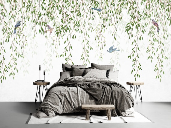 Hanging Leaves Birds Tropical Wallpaper Floral Wall Mural White Background  Ivy Wall Art Vine Trendy Wallposter Modern Room Design - Etsy Denmark