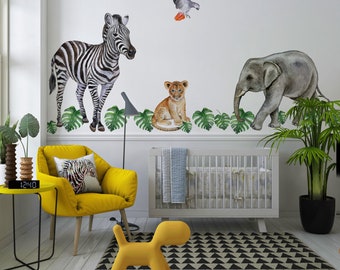 Stickers muraux aquarelle animaux de safari pour chambre d'enfant, grands stickers éléphants zèbres, décoration feuille oiseau pour chambre d'enfant ou oeuvre d'art murale de bébé