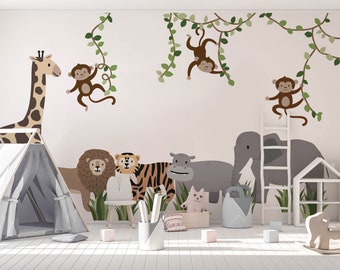 Stickers muraux Safari jungle : Stickers grands animaux et singes pour chambre de bébé, Stickers muraux jungle repositionnables