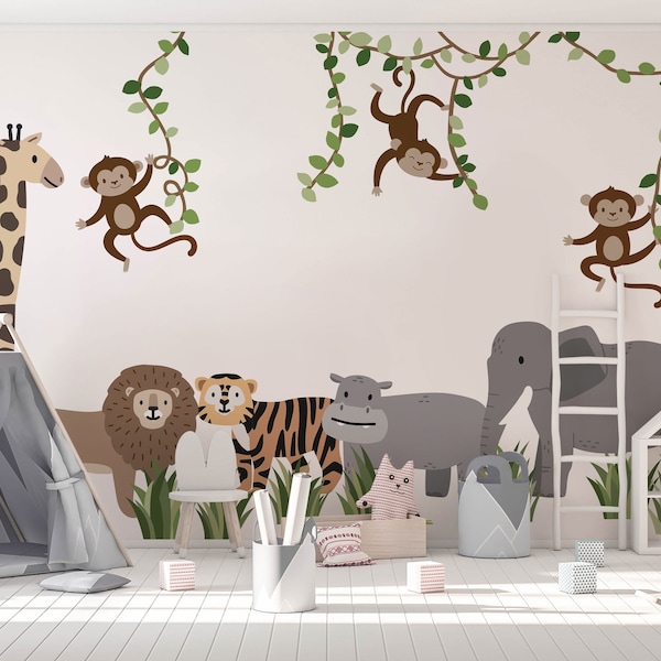 Safari Jungle Wall Decals: Large Animals & Monkey Stickers for Nursery, Repositionable Jungle Wall Decals