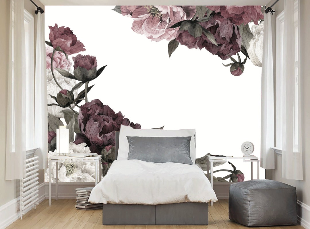 Vintage Peony Wall Mural - Removable Floral Peel and Stick, Non Woven ...