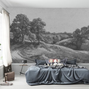 Countryside wall mural, Removable wallpaper, Drawing wallpaper, Vintage style, Wall decor, Wall art, Watercolor, Retro, Scenic painting