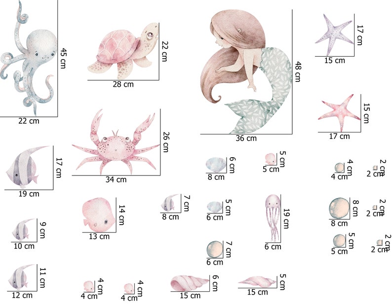Nursery Mermaid Wall Decal, Watercolor Design (Peel and Stick)