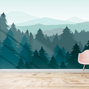 Mountain Wall Decal / Mountain Wall Mural / Woodland Wall Mural / Forest Wall Mural / Pine Tree Wall Decal / Peel and Stick Mural