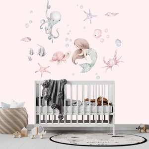 Nursery Mermaid Wall Decal, Watercolor Design (Peel and Stick)