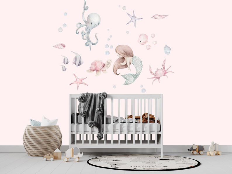 Nursery Mermaid Wall Decal, Watercolor Design (Peel and Stick)