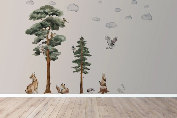 Woodland Forest Wall Decals: Watercolor Animals and Trees (Removable Stickers) - Peel And Stick Art, Childrens Room Decor