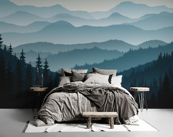 Mountain Mural, Misty Mountain Wallpaper Foggy Mountain Silhouette Wall Mural Blue Ombre Wall Decal Hill Wall Covering Wallpaper