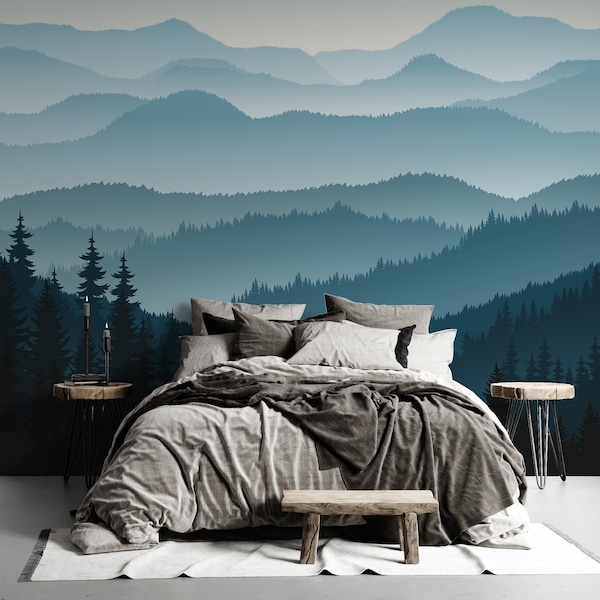 Mountain Mural, Misty Mountain Wallpaper Foggy Mountain Silhouette Wall Mural Blue Ombre Wall Decal Hill Wall Covering Wallpaper