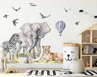 Décalcomanies murales pour chambre d'enfant éléphants et lionnes, ensemble d'autocollants aquarelles animaux de safari mignons, décor jungle amovible pour chambre d'enfants