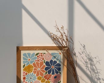 Wavy Floral Wall Art - Bold Pink and Yellow Abstract Print, Flowers, Decor, Living Room