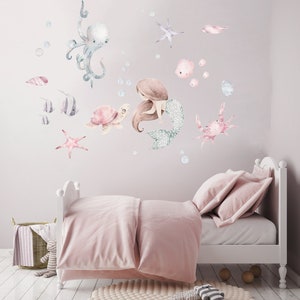 Nursery Mermaid Wall Decal, Watercolor Design (Peel and Stick)