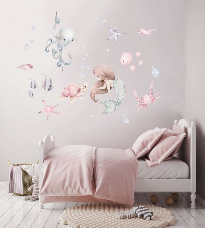 Nursery Mermaid Wall Decal, Watercolor Design (Peel and Stick)