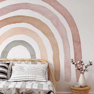 Muted Color Rainbow Peel Stick Mural, Boho Wall Decor for Toddler Bedroom, Earth Tone Aesthetic Damage Free Sticker
