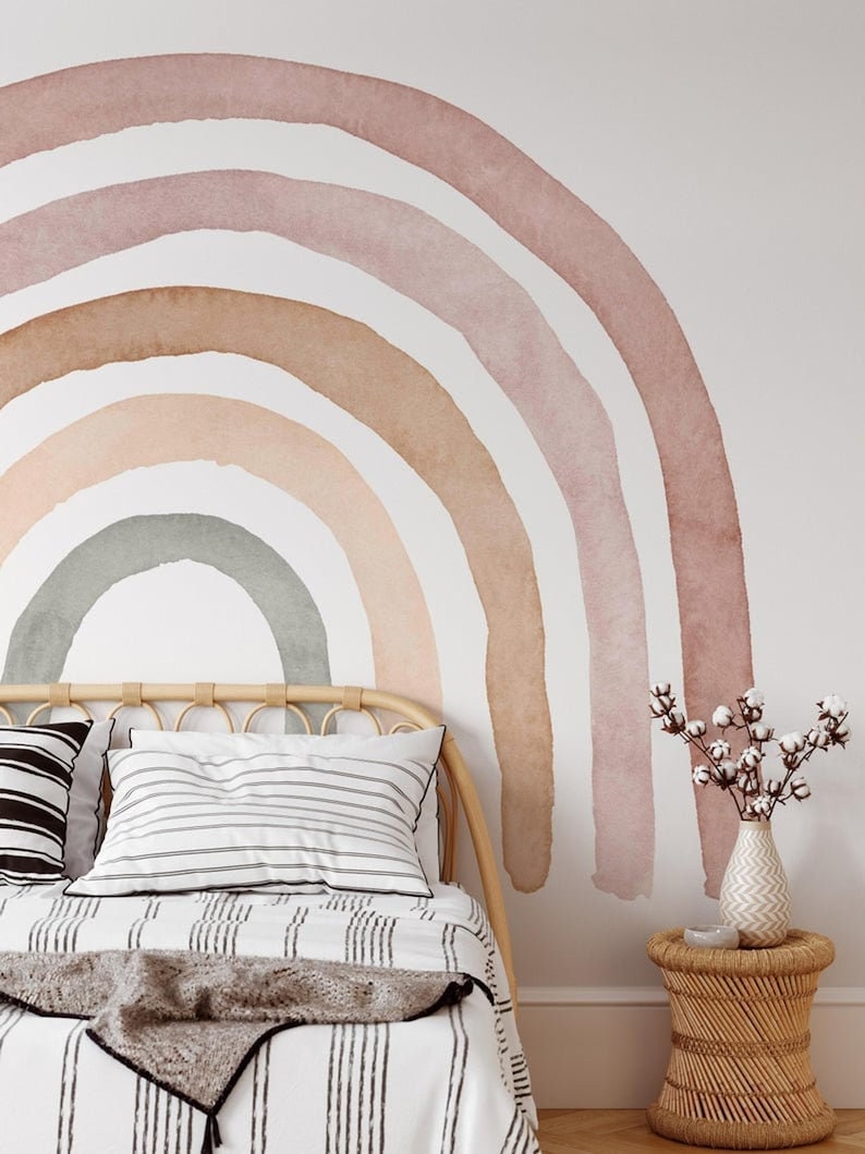 Muted Color Rainbow Peel Stick Mural, Boho Wall Decor for Toddler Bedroom, Earth Tone Aesthetic Damage Free Sticker