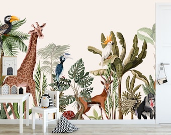 Safari-behang: speels dierenthema (peel en plakkerig, verwijderbaar) - kinderkamermuurdecoratie, zelfklevende muurschildering