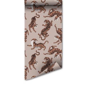 Boho Neutral Rose Tiger Tapete Abnehmbare Tapete zum Abziehen und Aufkleben, Tierdruck Repositionierbare Tapete zum Abziehen und Aufkleben