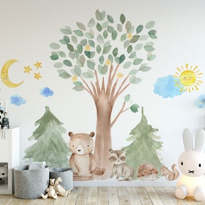Woodland Watercolor Wall Decal Oak Pine Tree Animal Creatures - Bear, Fox, Raccoon, Rabbit, Squirrel, Porcupine Fabric Nursery Decals