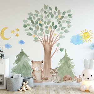 Woodland Watercolor Wall Decal Oak Pine Tree Animal Creatures - Bear, Fox, Raccoon, Rabbit, Squirrel, Porcupine Fabric Nursery Decals