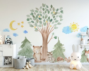 Woodland Watercolor Wall Decal Oak Pine Tree Animal Creatures - Bear, Fox, Raccoon, Rabbit, Squirrel, Porcupine Fabric Nursery Decals