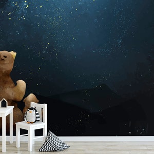 Self Adhesive Peel and Stick Kids Wallpaper Removable Father and son bear watching the galaxy