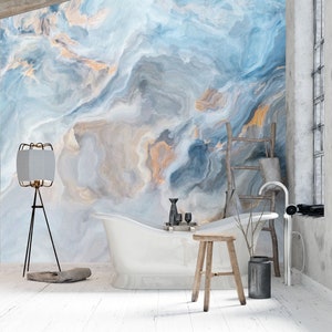 Marble aquarelle textured Wallpaper Mural - Blue and yellow removable wallpaper, peel and stick option