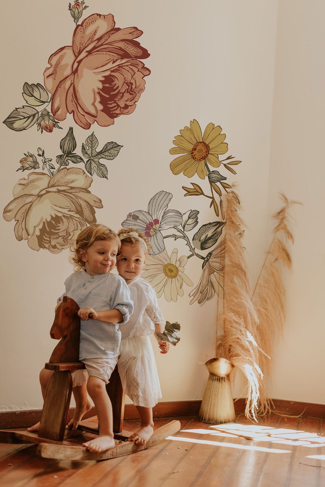 Peony Floral Nursery Wall Decal - Soft Vintage Kids Room Stickers - Etsy