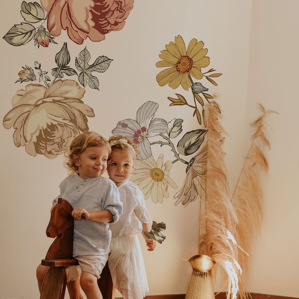 Weiches Kinderzimmer Blumen Wandtattoo Wandaufkleber für Kinder Vintage Pfingstrose Blume, Madelyn Kinderzimmer Wandtattoo,