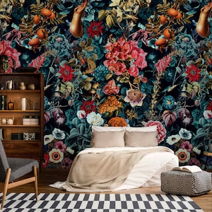 Dark garden wallpaper, removable peel and stick wall mural, floral home decor, temporary wallpaper, home decor,UK next day delivery, premium