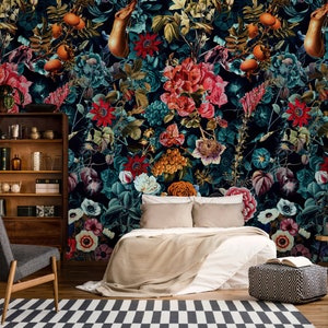 Dark garden wallpaper, removable peel and stick wall mural, floral home decor, temporary wallpaper, home decor,UK next day delivery, premium