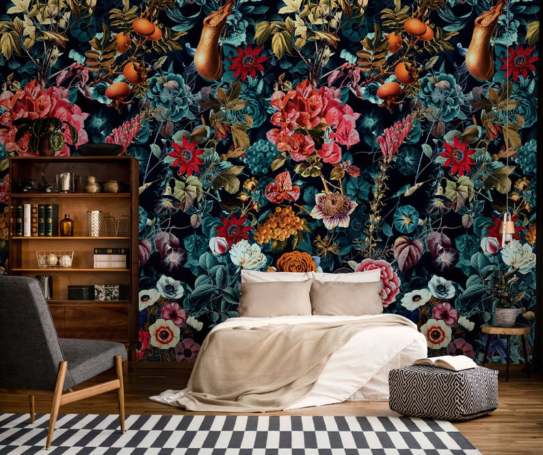 Floral Wall Mural: Dark Garden Design - Removable Peel & Stick