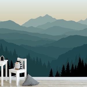 Mountain Mural  Blue Ombré Mountain Wallpaper  Forest Tree and Mountain Wallpaper  Removable Wallpaper  Nursery Wall Mural