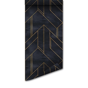 Tapete mit geometrischem Muster in Gold- und Marineblau, Abziehen und Aufkleben, temporäre Tapete, selbstklebender Wandstoff, minimalistisch, moderne Wandkunst