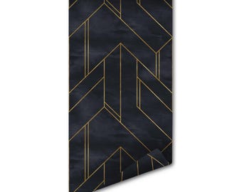 Geometric Peel Stick Wallpaper, Gold Navy Blue, Non Woven Material - Temporary Wall, Home Decor Accent, Smooth Pvc Backing