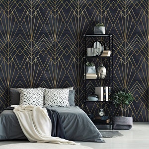 Art Deco Peel and Stick Wallpaper | Removable Geometric Black and Gold Wallpaper | Self Adhesive or Pre-Pasted Wallpaper | Eco Friendly