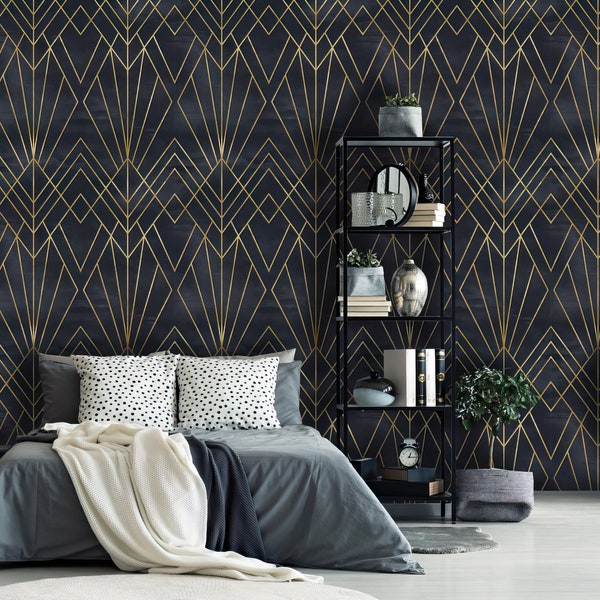 Art Deco Peel and Stick Wallpaper | Removable Geometric Black and Gold Wallpaper | Self Adhesive or Pre-Pasted Wallpaper | Eco Friendly