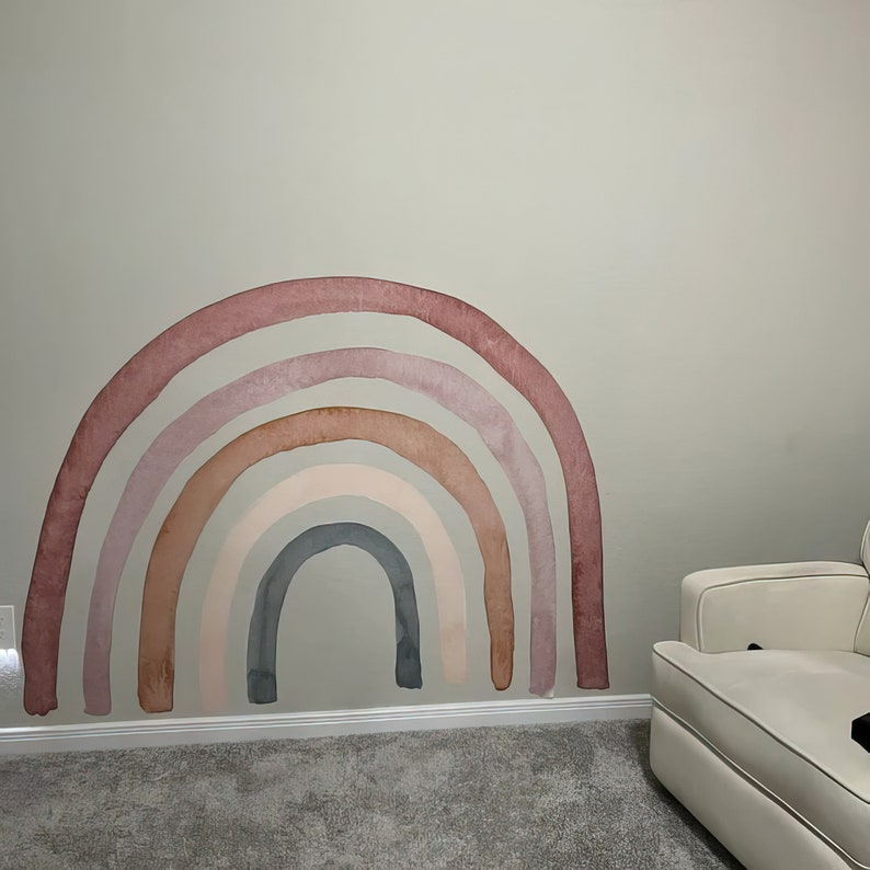 Muted Color Rainbow Peel Stick Mural, Boho Wall Decor for Toddler Bedroom, Earth Tone Aesthetic Damage Free Sticker