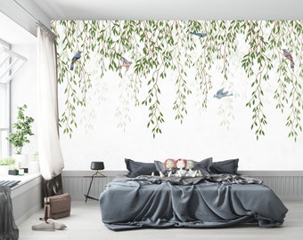 Hanging Leaves Birds Tropical Wallpaper Floral Wall mural White Background Ivy Wall art Vine Trendy Wallposter Modern Room Design