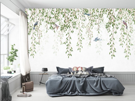 Design Mural Modern Vine Art Ivy Room Wallpaper - Denmark Birds Leaves Background Wall Wall Tropical Floral Trendy Hanging Etsy Wallposter White