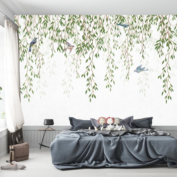 Hanging Leaves Birds Tropical Wallpaper Floral Wall mural White Background Ivy Wall art Vine Trendy Wallposter Modern Room Design