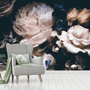Bouquet of Peonies Removable Wallpaper | Peel and Stick | Dark Floral Mural