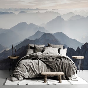 Mystical Mountains Peel and Stick Wall Mural – Misty Mountain Shadow Wallpaper & Decal for Room, Mountain Art Decor