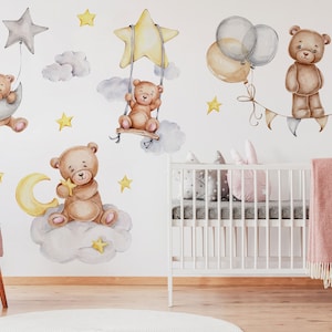 Sleeping Bears Wall Decal | Nursery Wall Sticker | Clouds and Stars Wall Decor | Repositionable Baby Room Art
