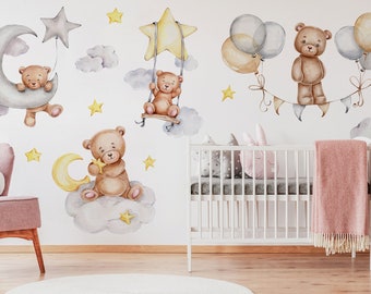 Sleeping Bears Wall Decal | Bears in the Air Nursery Wall Sticker | Clouds and Stars Wall Decor