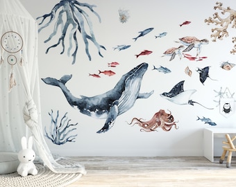 Sea World muur sticker, aquarel sticker set, kinderkamer, Peel and stick, kinderkamer muursticker