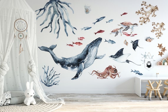 Sticker mural monde marin, sticker aquarelle, chambre d'enfant